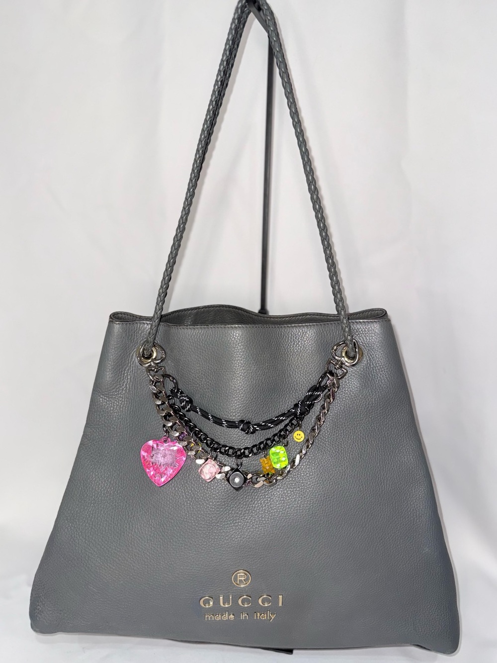 Gucci Gray Pebbled Leather Tote with Braided Shoulder Straps